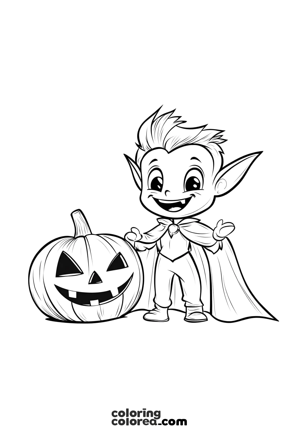 Dibujo para colorear de un niño vampiro con calabaza de Halloween. Drácula