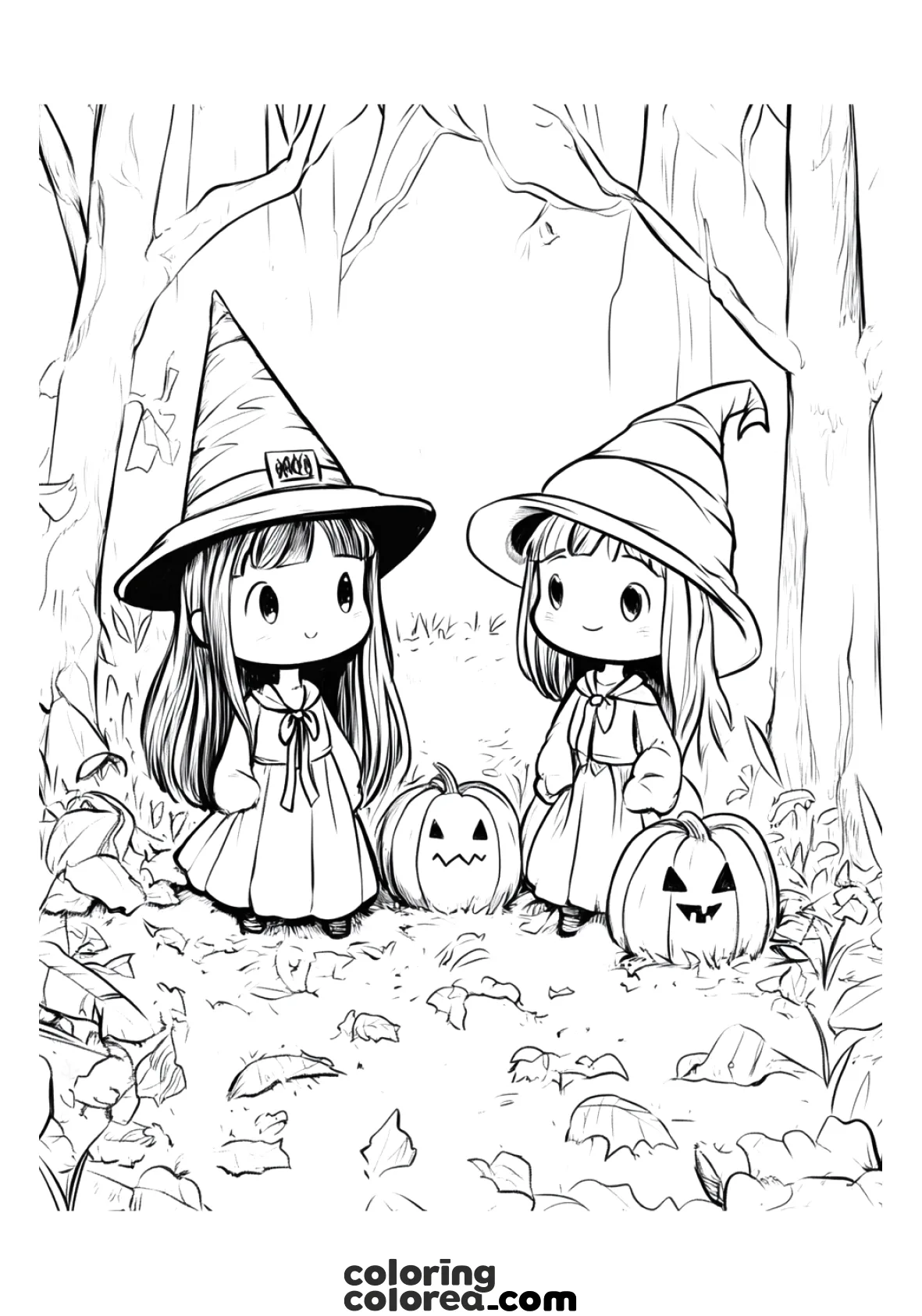 Dibujo para colorear de dos niñas disfrazadas de bruja en Halloween