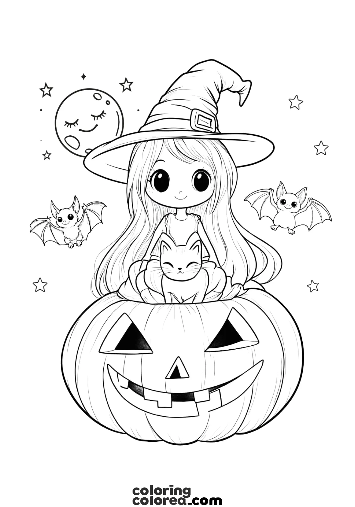 Dibujo paran colorear de una brujita y su gato en una calabaza gigante