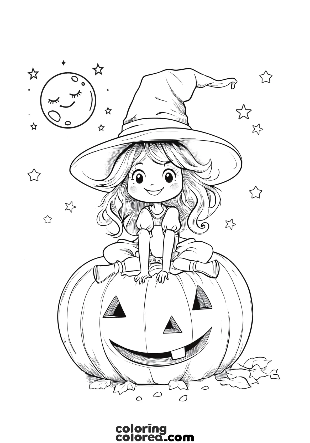 Dibujo para colorear de una niña brujita montada sobre una gran calabaza