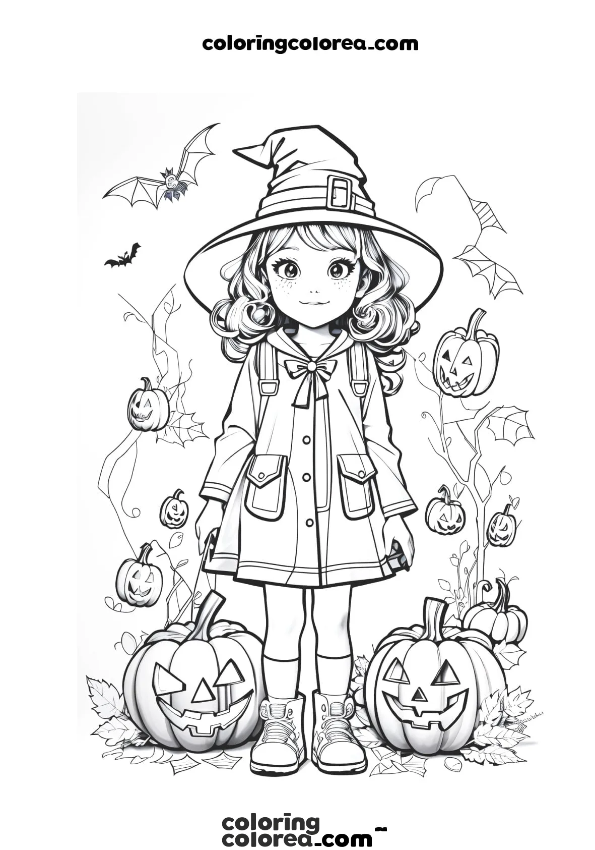Dibujo para colorear de una niña en un campo de calabazas de Halloween