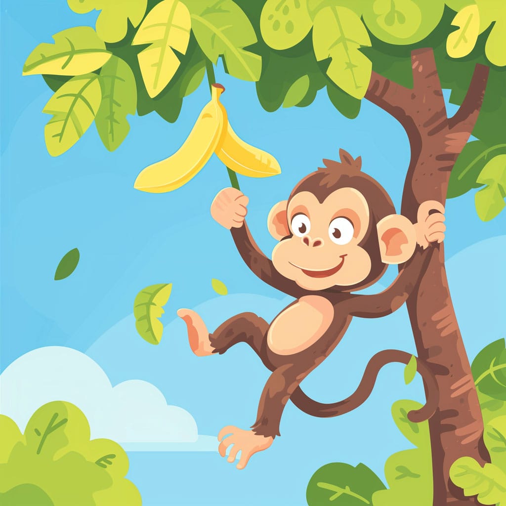 Imagen infantil de un mono balanceándose para coger un plátano