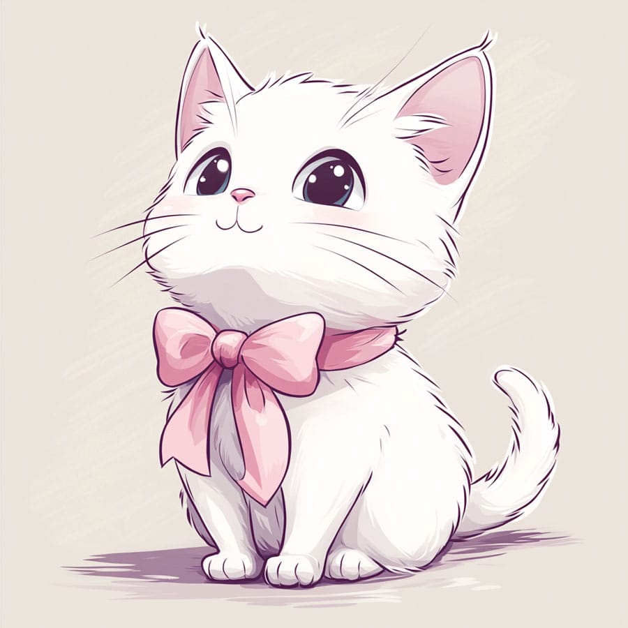 Ilustración de un gato blanco con lazo rosa