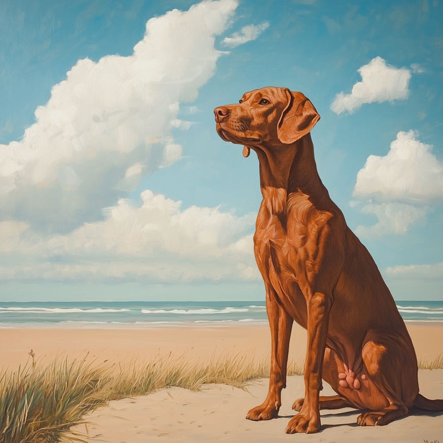 Dibujo de un perro Vizsla en la playa