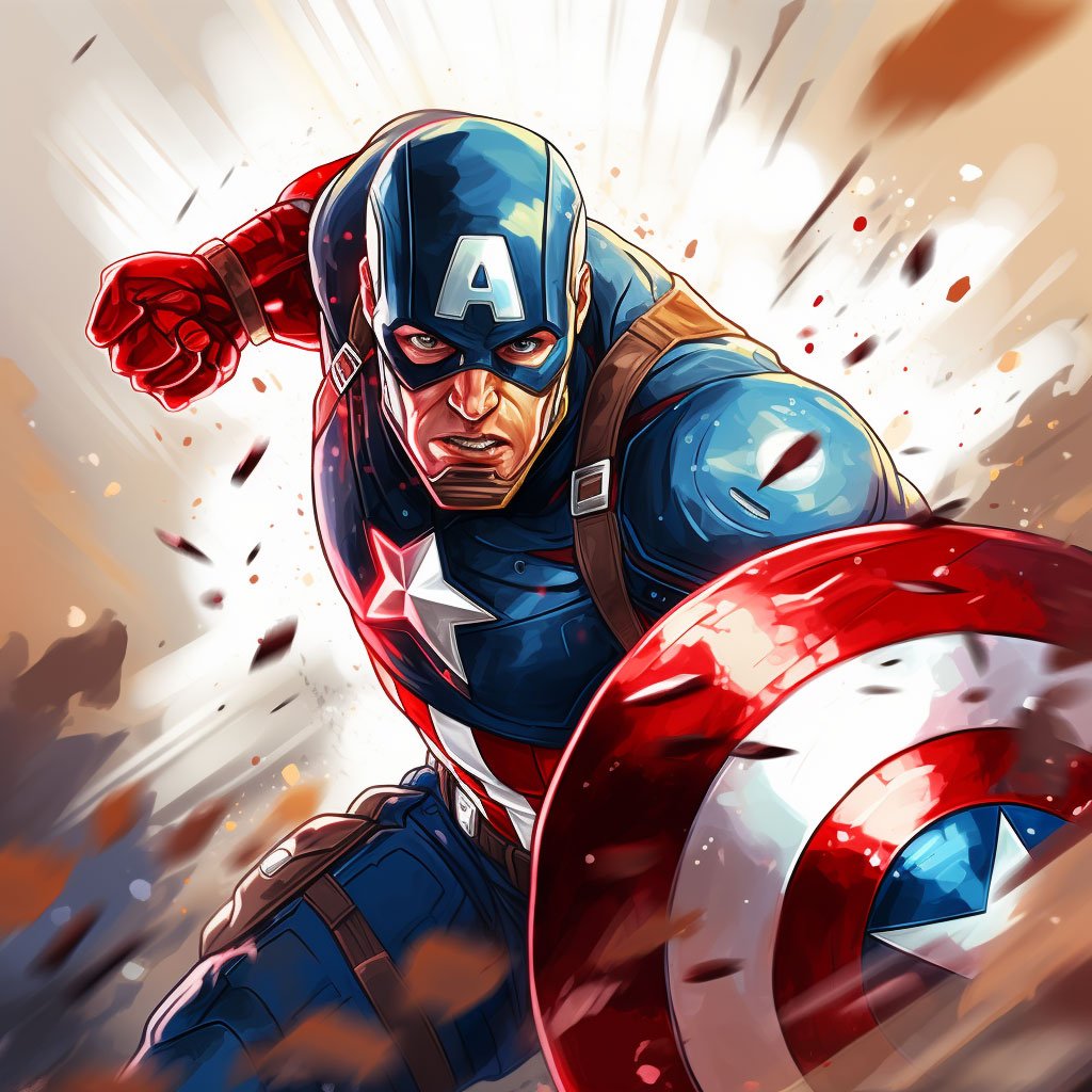 Ilustración del Capitán América en lucha, realizado con Inteligencia Artificial