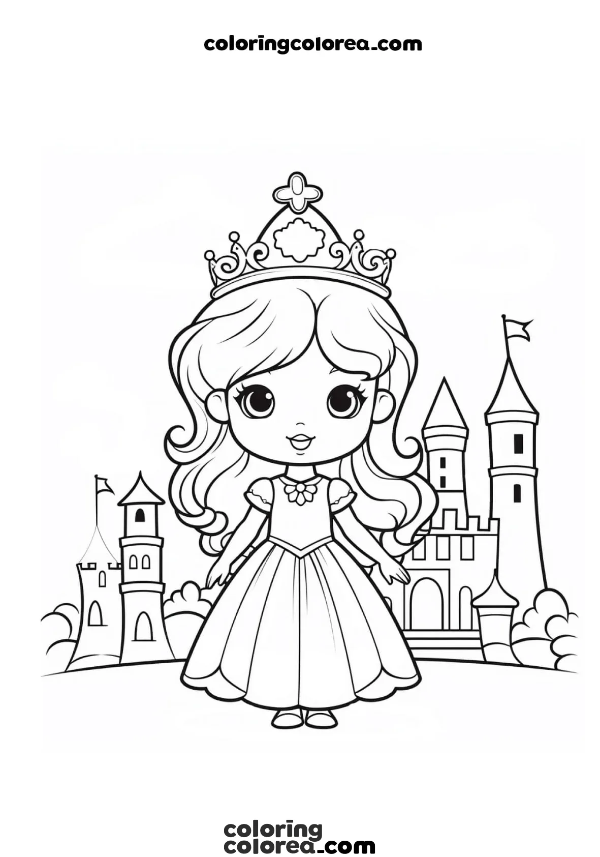 Dibujo para colorear de una Princesa con una Castillo al fondo