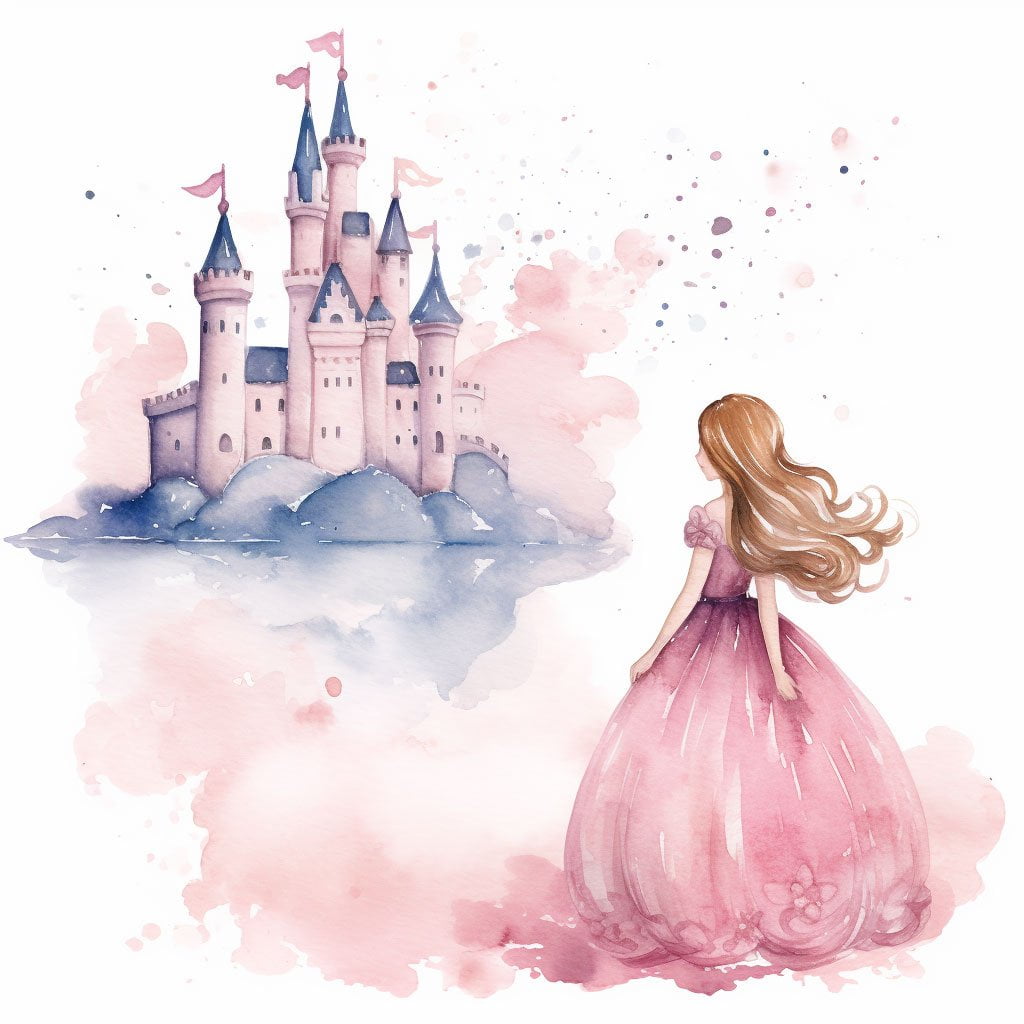 Dibujo con acuarelas de una princesa y el castillo de fondo