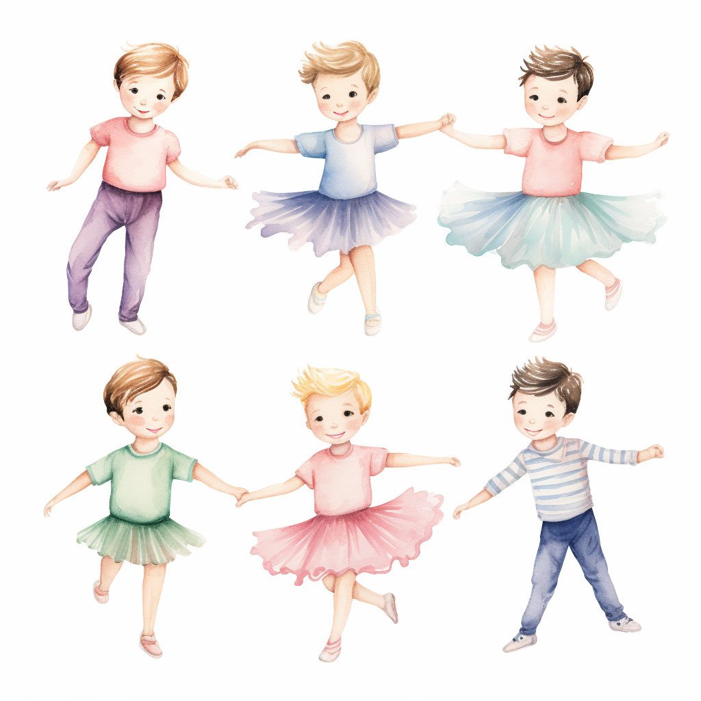 Dibujo de niños y niñas practicando ballet