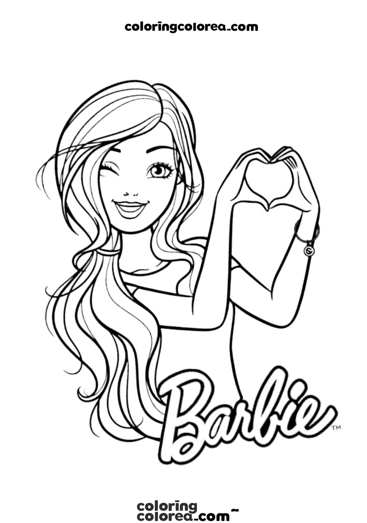 Dibujo para colorear de Barbie haciendo un corazón con sus manos