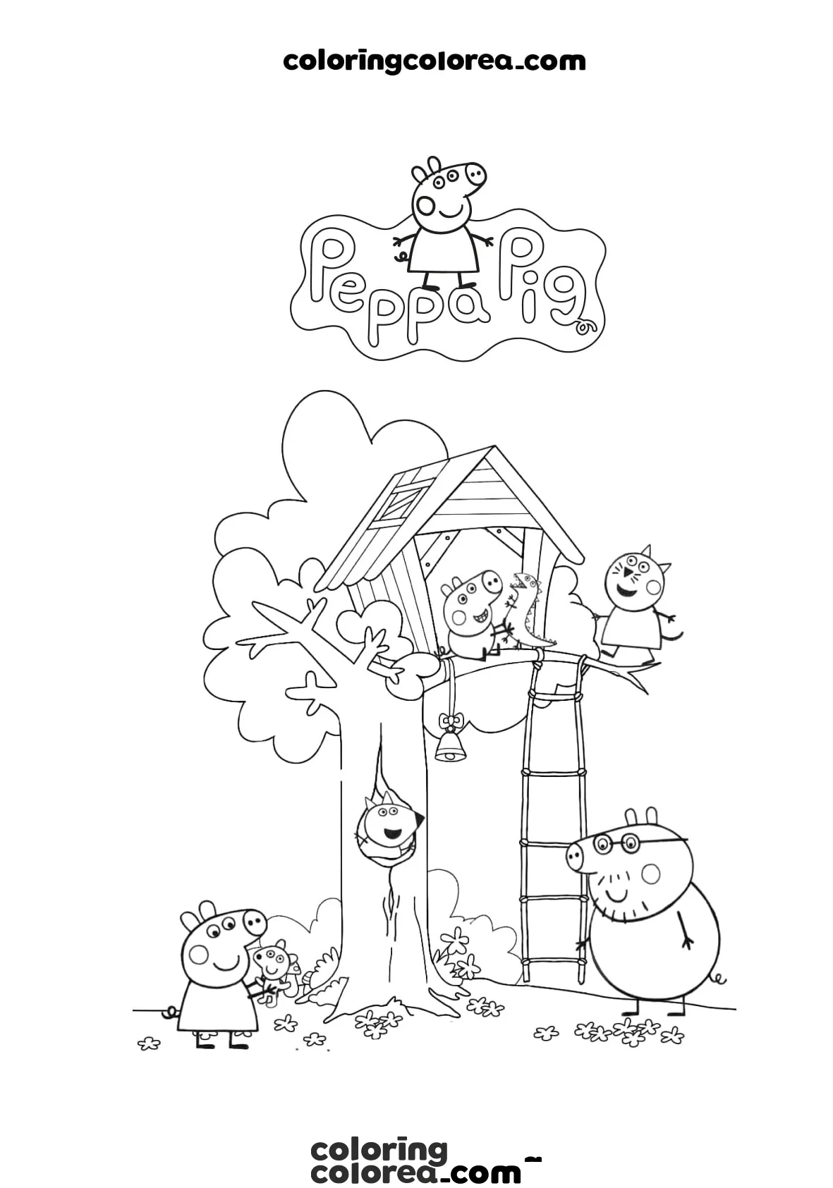 Dibujo para colorear de Peppa Pig y la casa del árbol