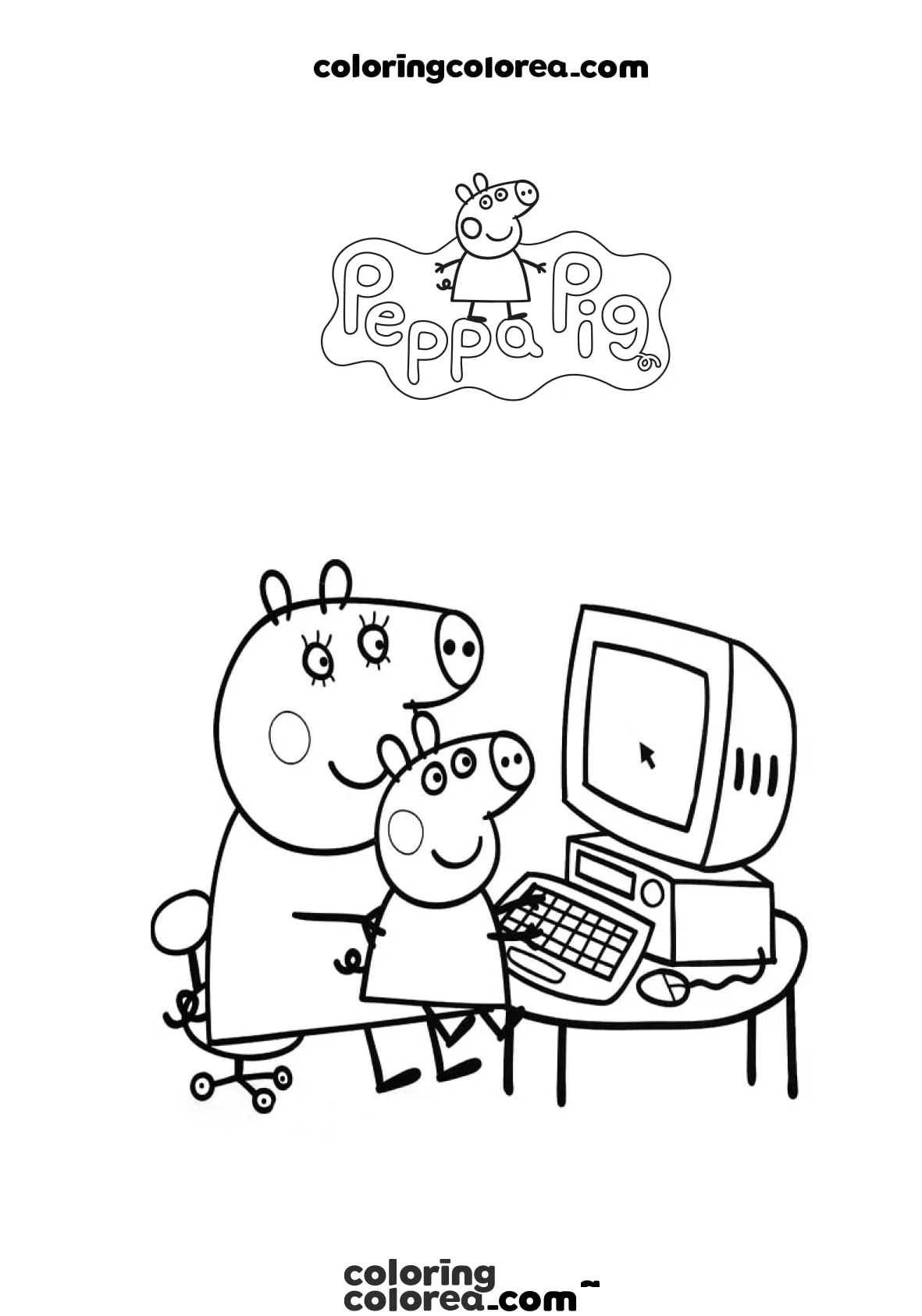Dibujo para colorear y pintar de Peppa Pig y su mamá frente a un ordenador