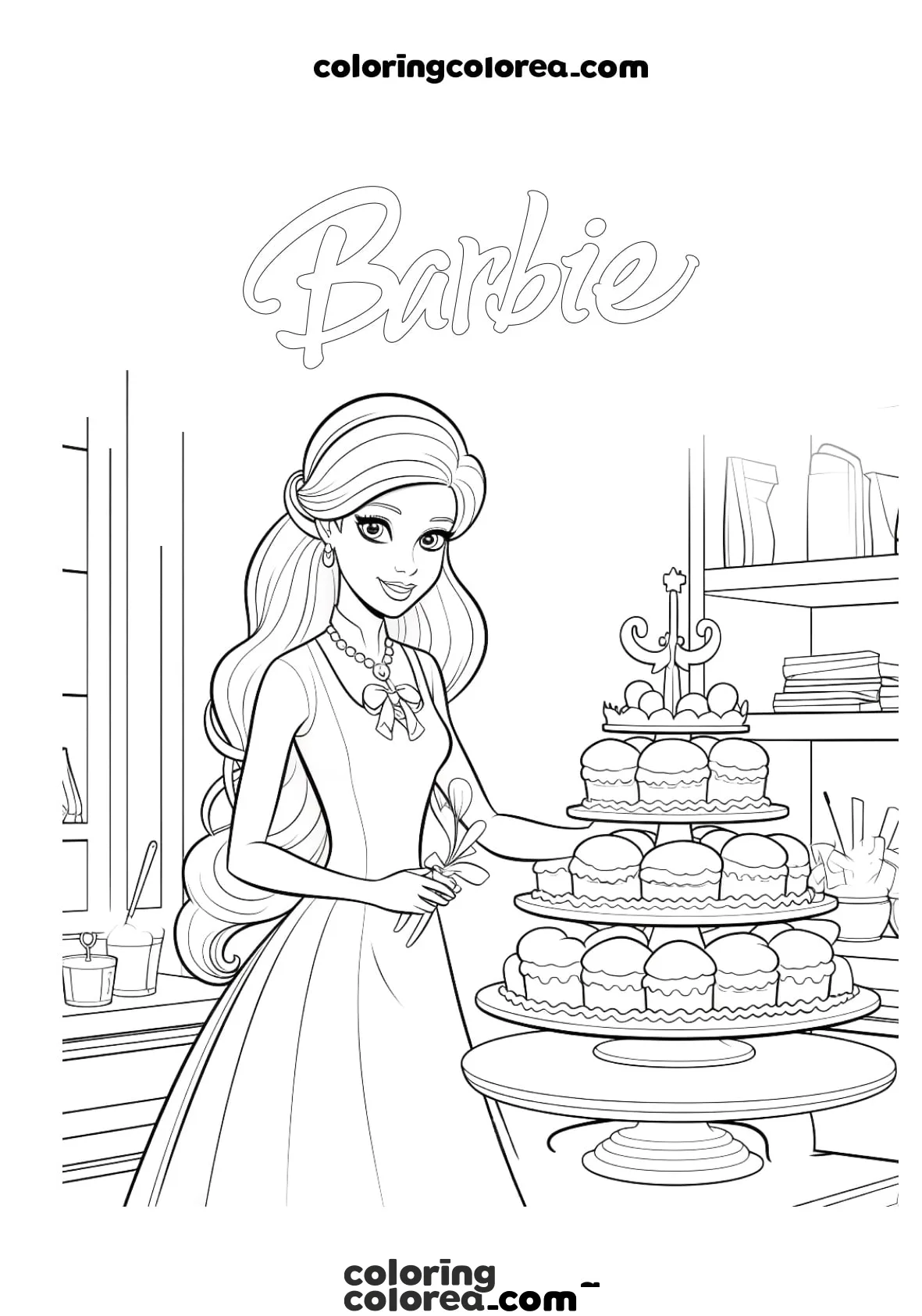 Colorear a Barbie en una pastelería con una gran tarta
