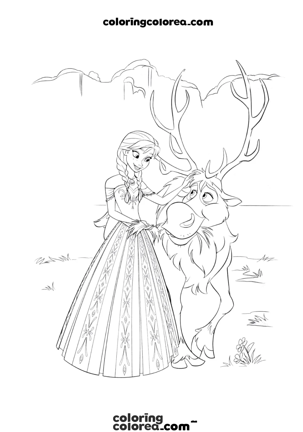 Dibujo para colorear de Anna y el reno Sven en una escena de Frozen