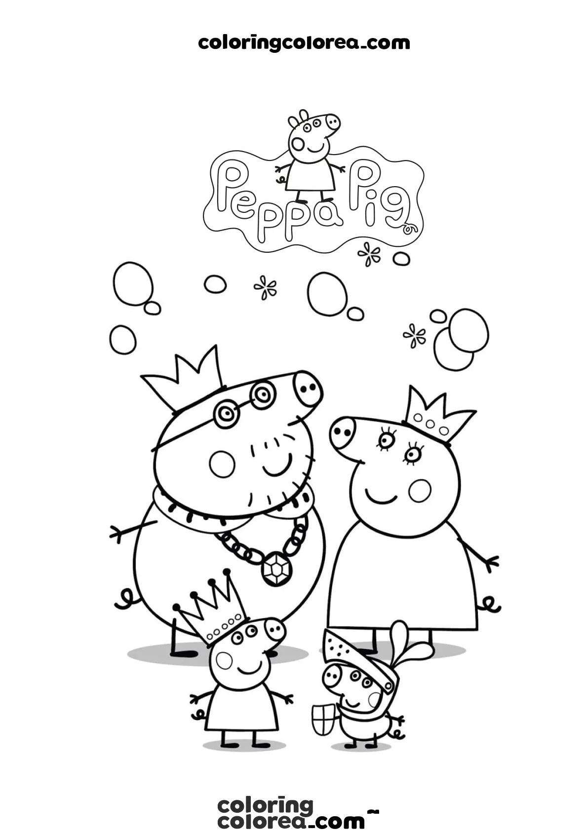 Colorea gratis a la familia de Peppa Pig en una fiesta de disfraces