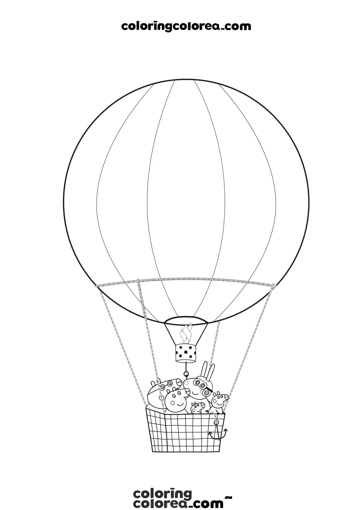 Dibujo para colorear de la familia Peppa Pig viajando en globo