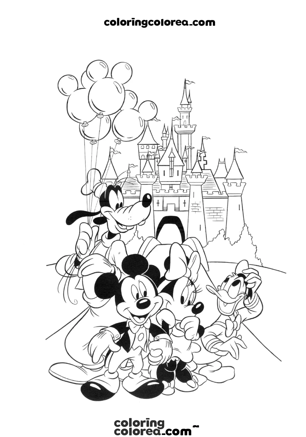 Dibujo para colorear del mundo Disney, con Mickey Mouse, Minnie, Pluto, Donald