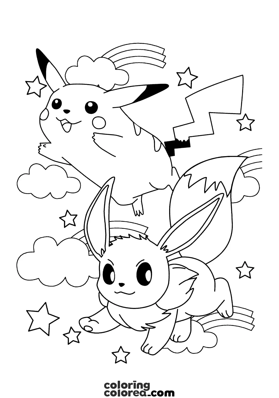 Dibujo para colorear gratis de los Pokemon Eevee y Pikachu