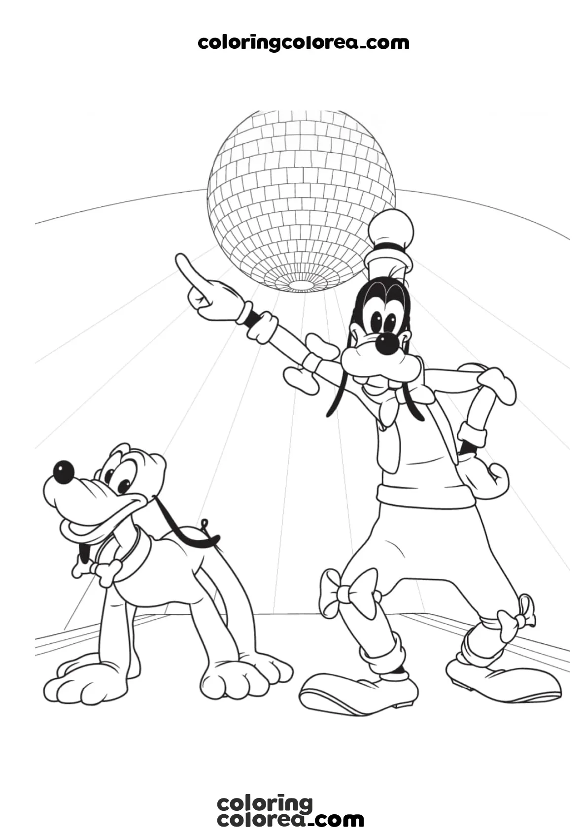 Dibujo para colorear de Goofy y Pluto bailando en la discoteca