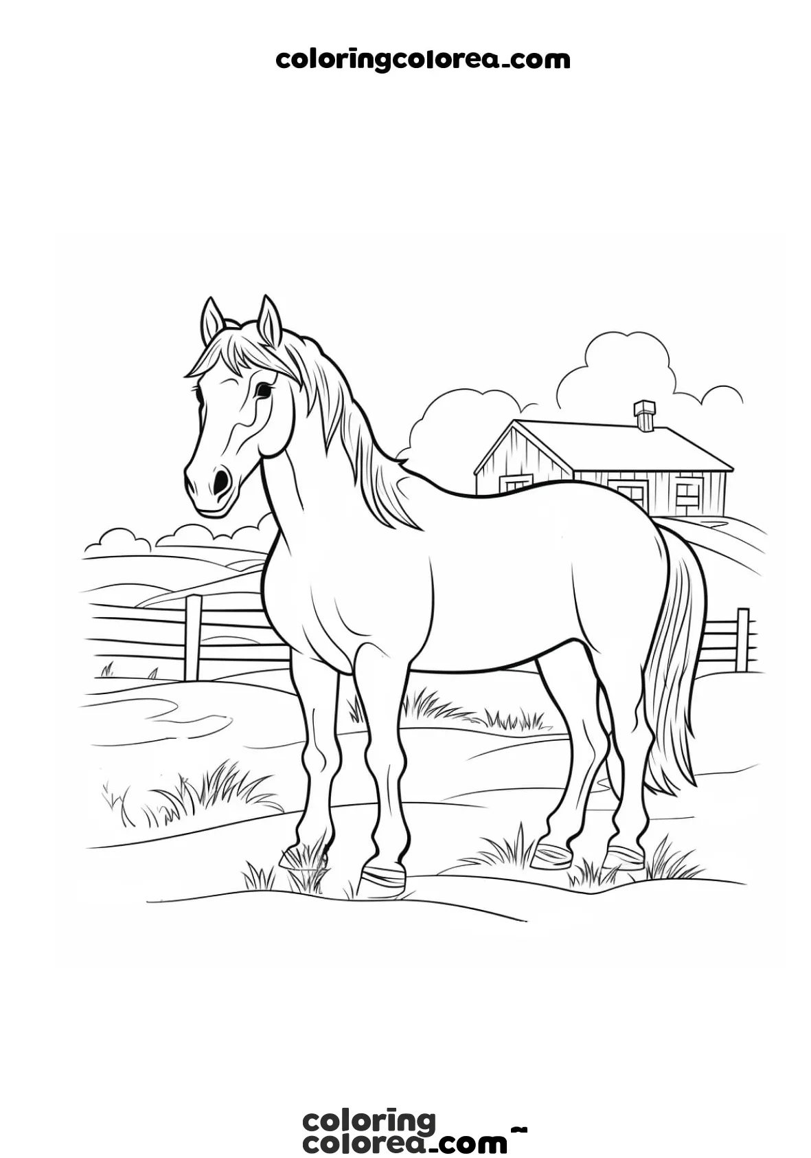 Dibujo para colorear gratis de un caballo en la Granja