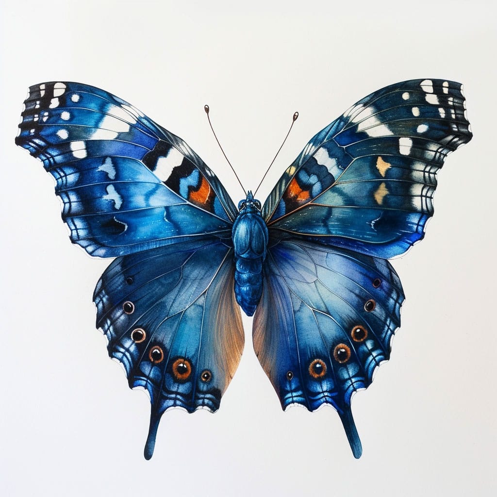 Ilustración de una mariposa en tonos azules