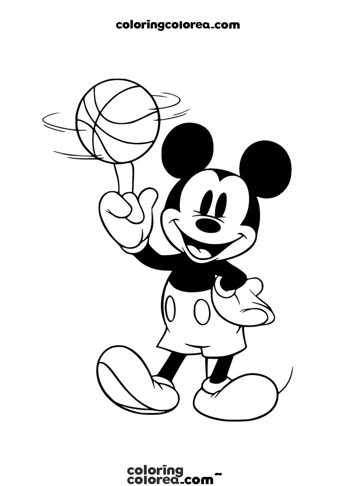 Dibujo para colorear de Mickey Mouse haciendo malabares con una pelota de Baloncesto