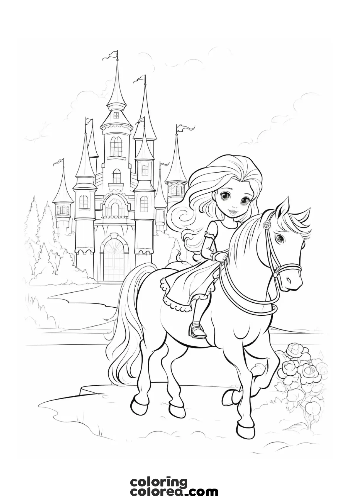 Dibujo para colorear gratis de una princesa montada a caballo y un castillo de fondo