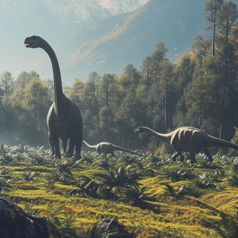 Imagen generada por ordenador de varios dinosaurios tipo Diplodocus
