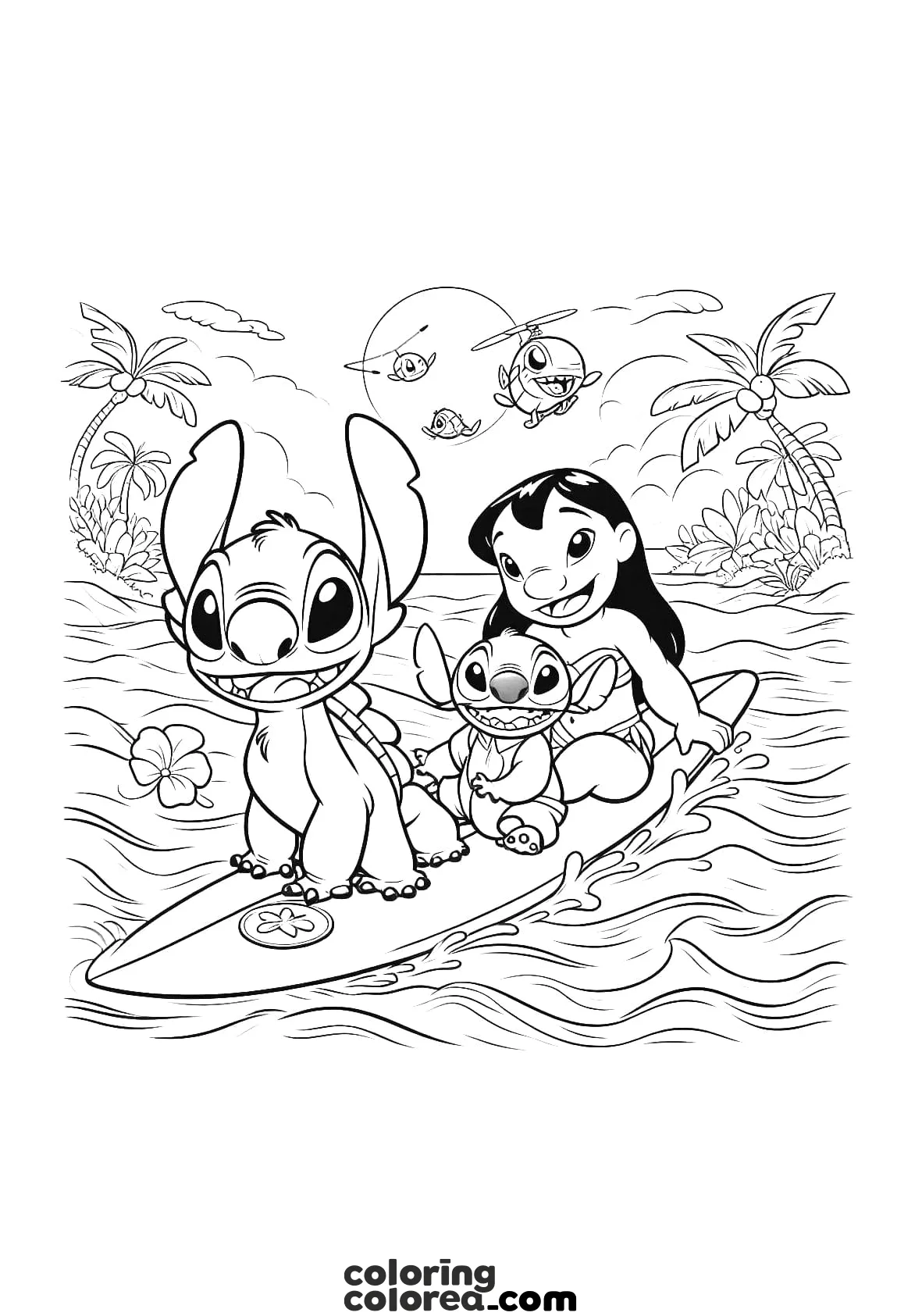 Dibujo para colorear de Lilo y Stich surfeando