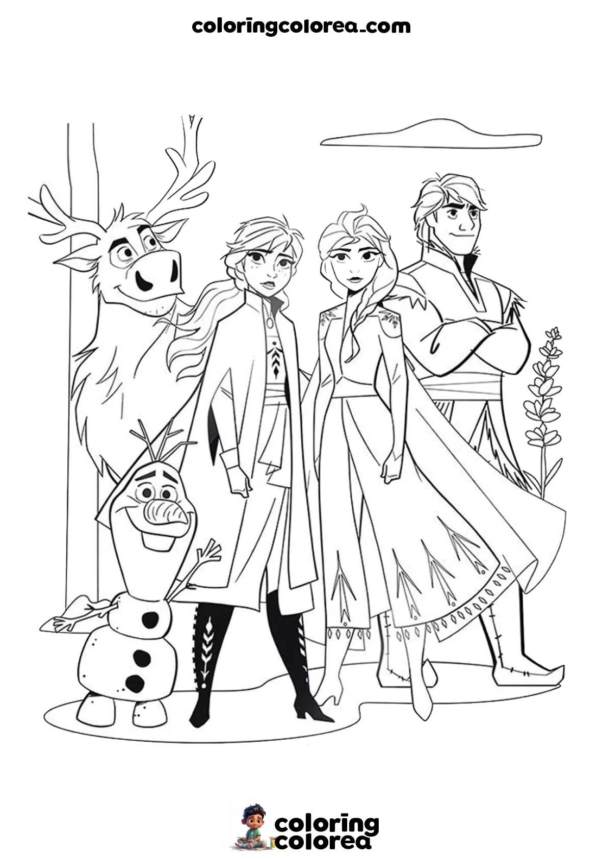 Dibujo para colorear gratis con los personajes de Frozen: Elsa, Anna, Olaf, Kristoff y Sven