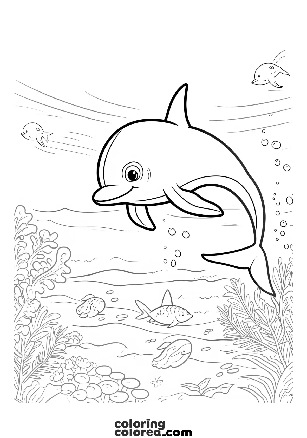 Dibujo para colorear de un delfín nadando en las profundidades del océano