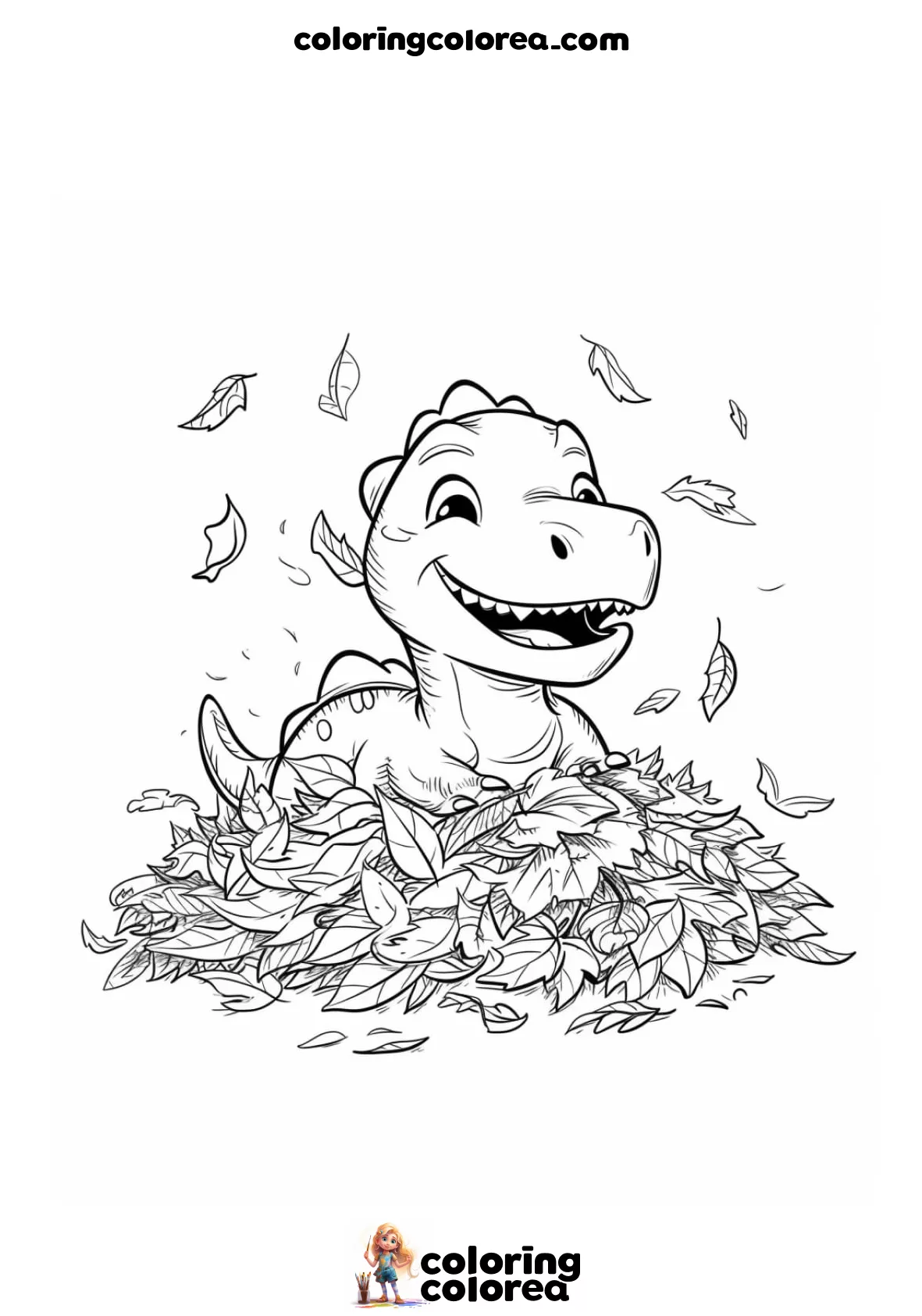Dibujo para colorear gratis de un dinosaurio bebé jugando con las hojas secas
