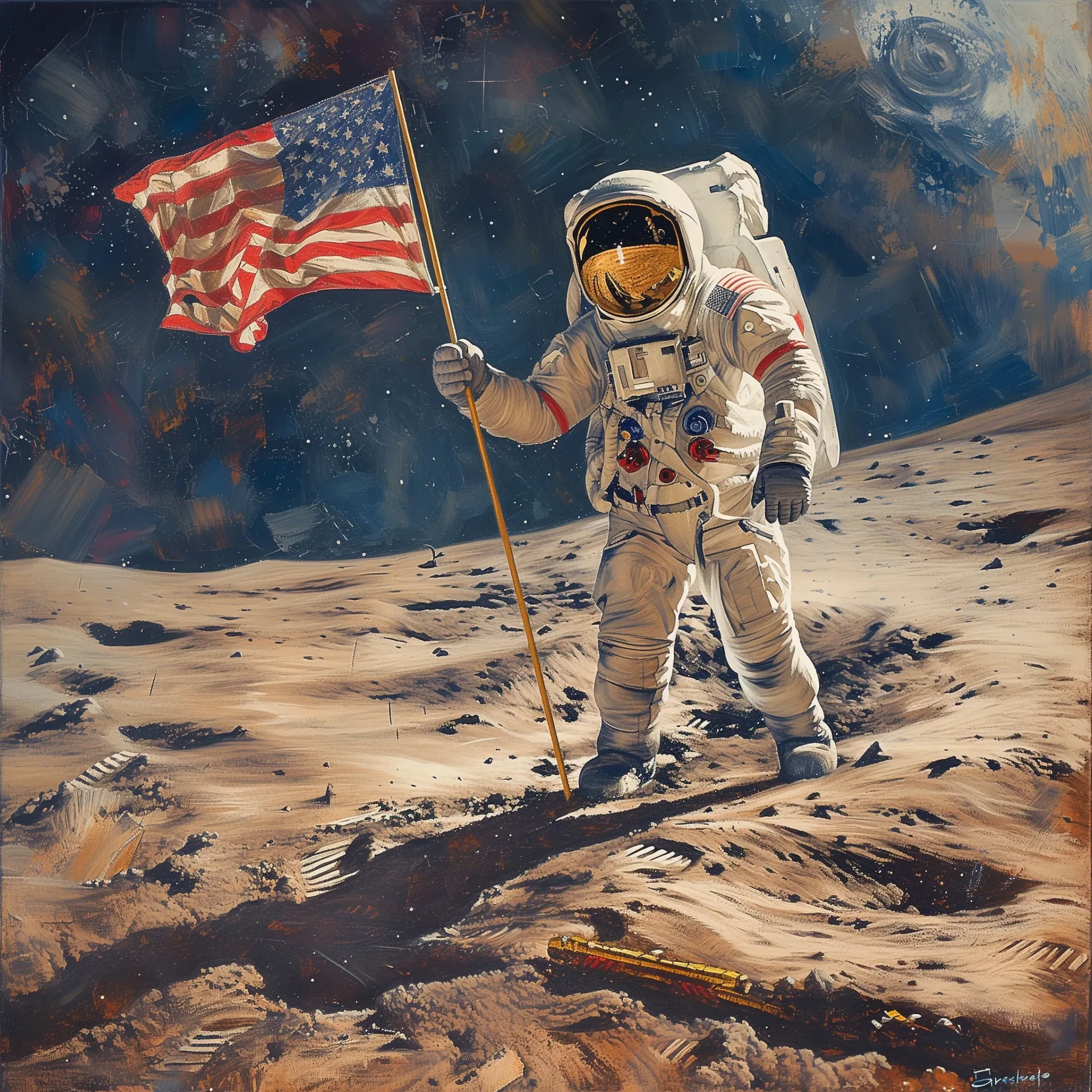 Dibujo de un astronauta generado con IA sobre lo que parece la superficie lunar, mientras sostiene la bandera de Estados Unidos