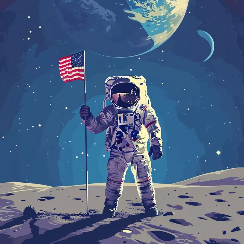 Un astronauta sostiene la bandera americana en un planeta con varios satélites