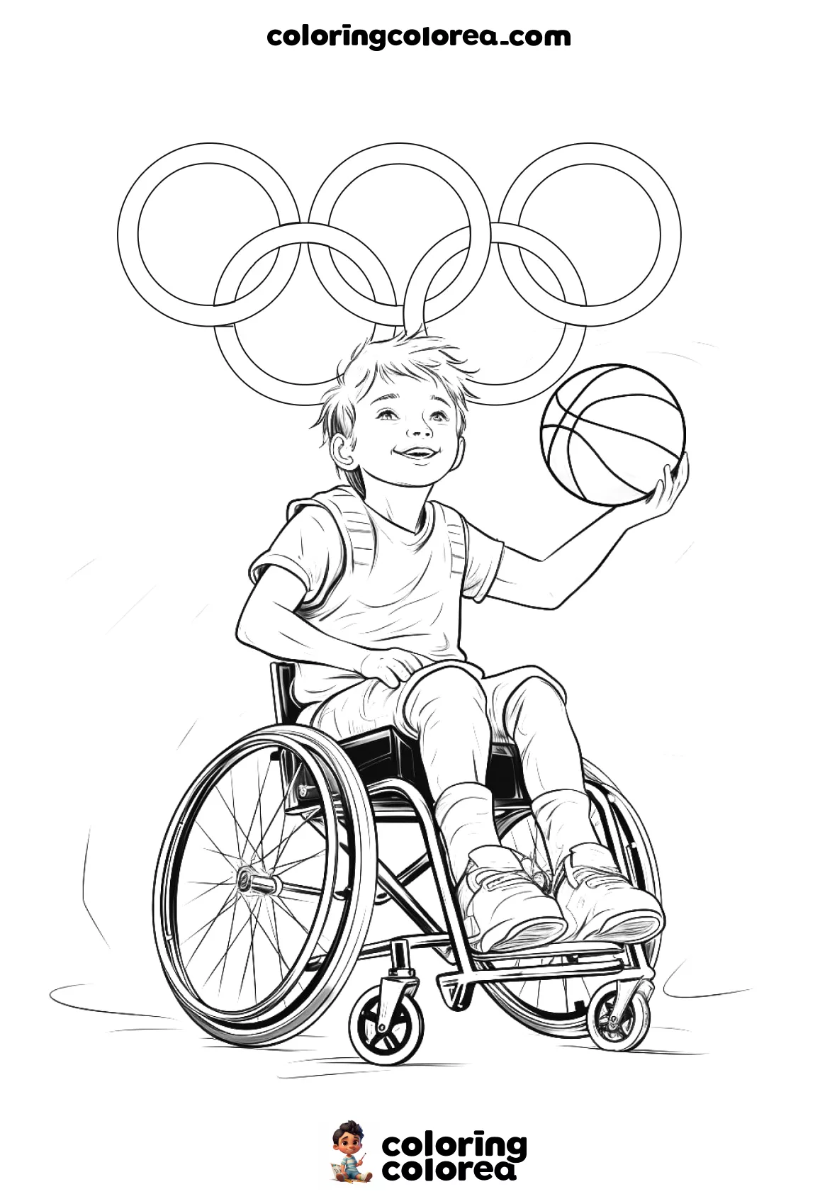 Dibujo para colorear de un jugador de Baloncesto participando en las olimpiadas con su silla de ruedas