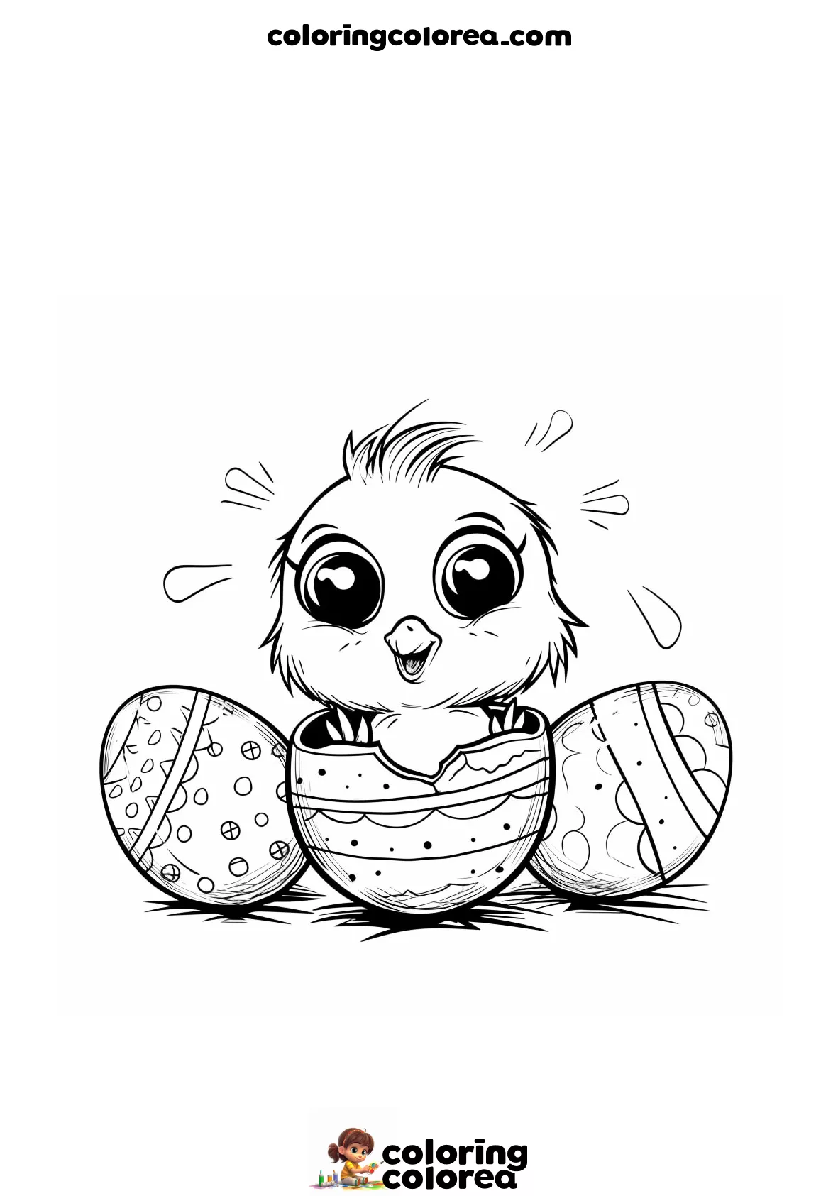 Dibujo para colorear de un pollito salido de un huevo de Pascua