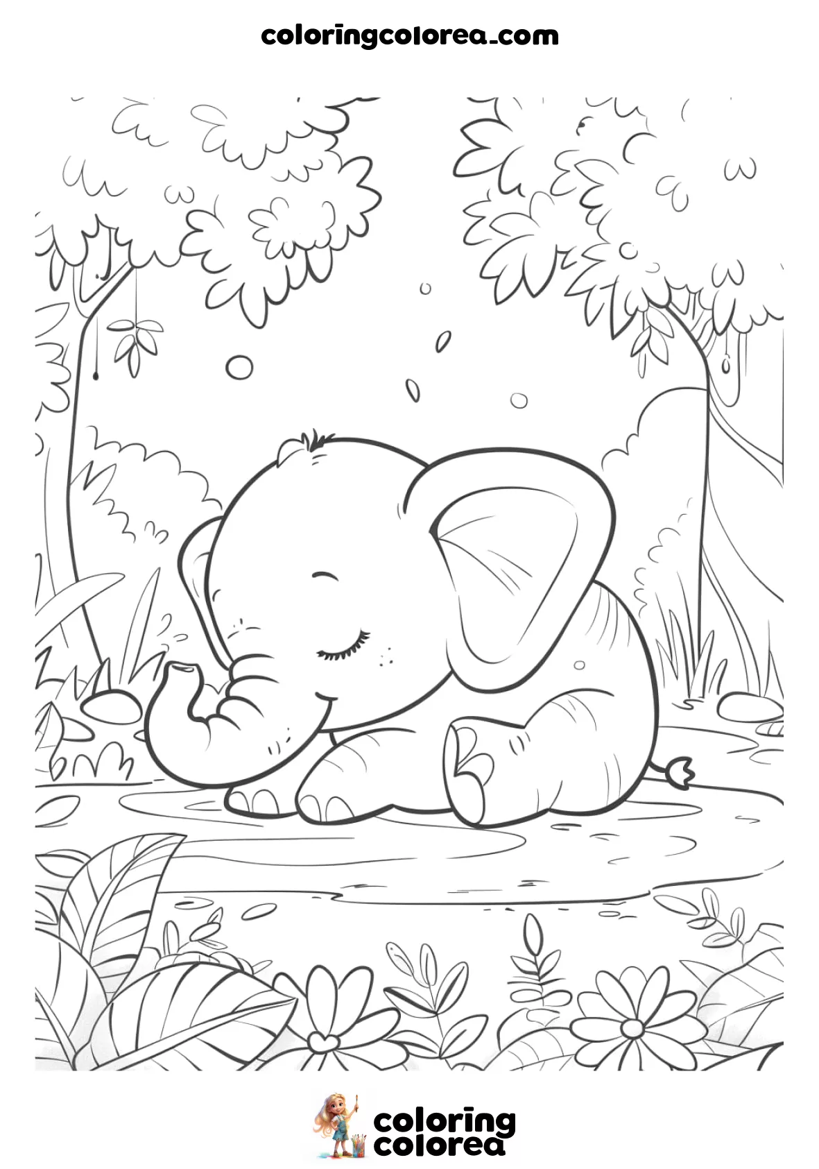 Dibujo para colorear de un elefante pequeño dormido