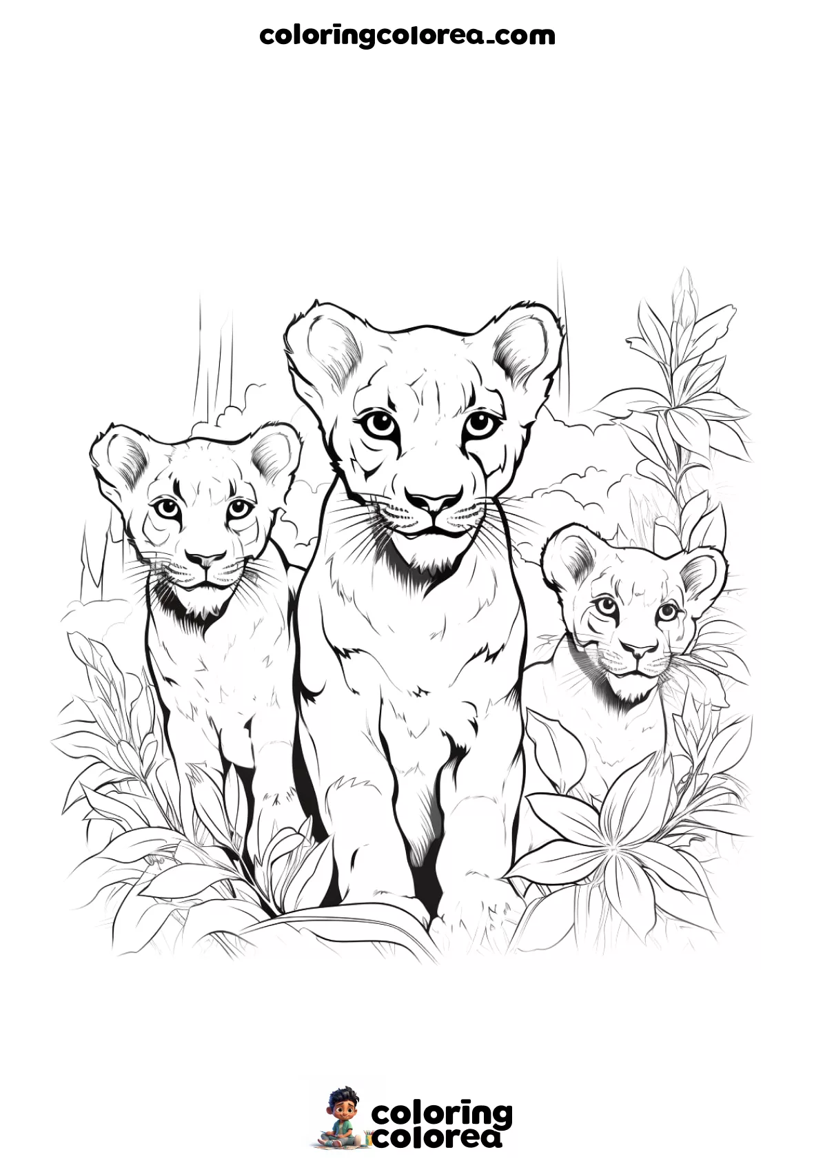 Dibujo para colorear gratis de varias leonas 