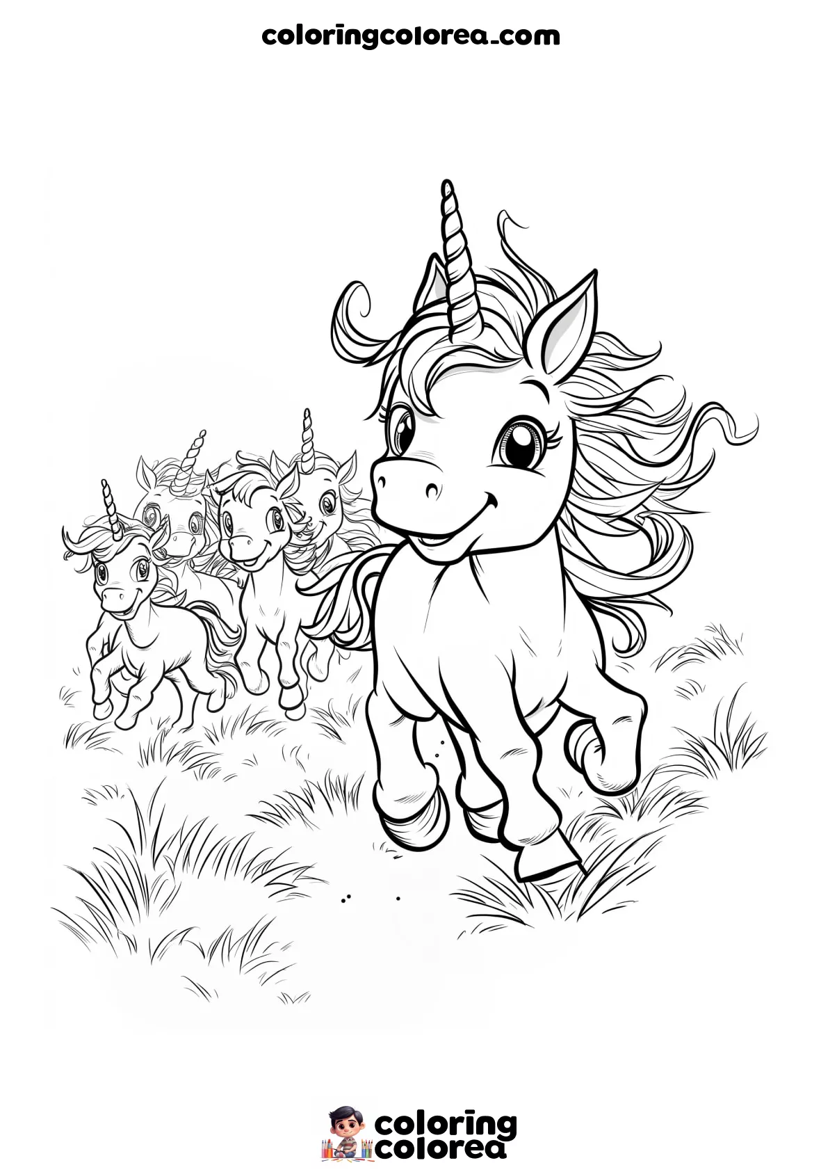 Dibujo para colorear gratis de unicornios al galope