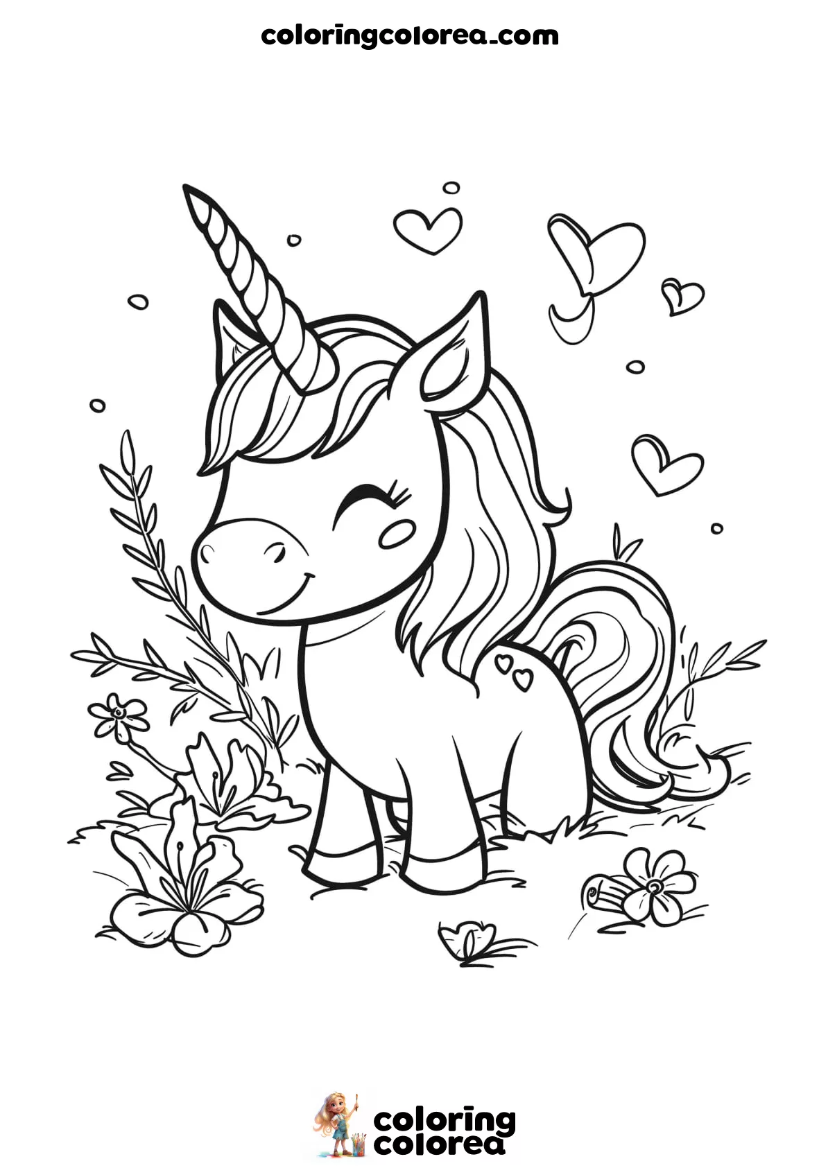 Dibujo para colorear gratis de un unicornio estilo kawaii