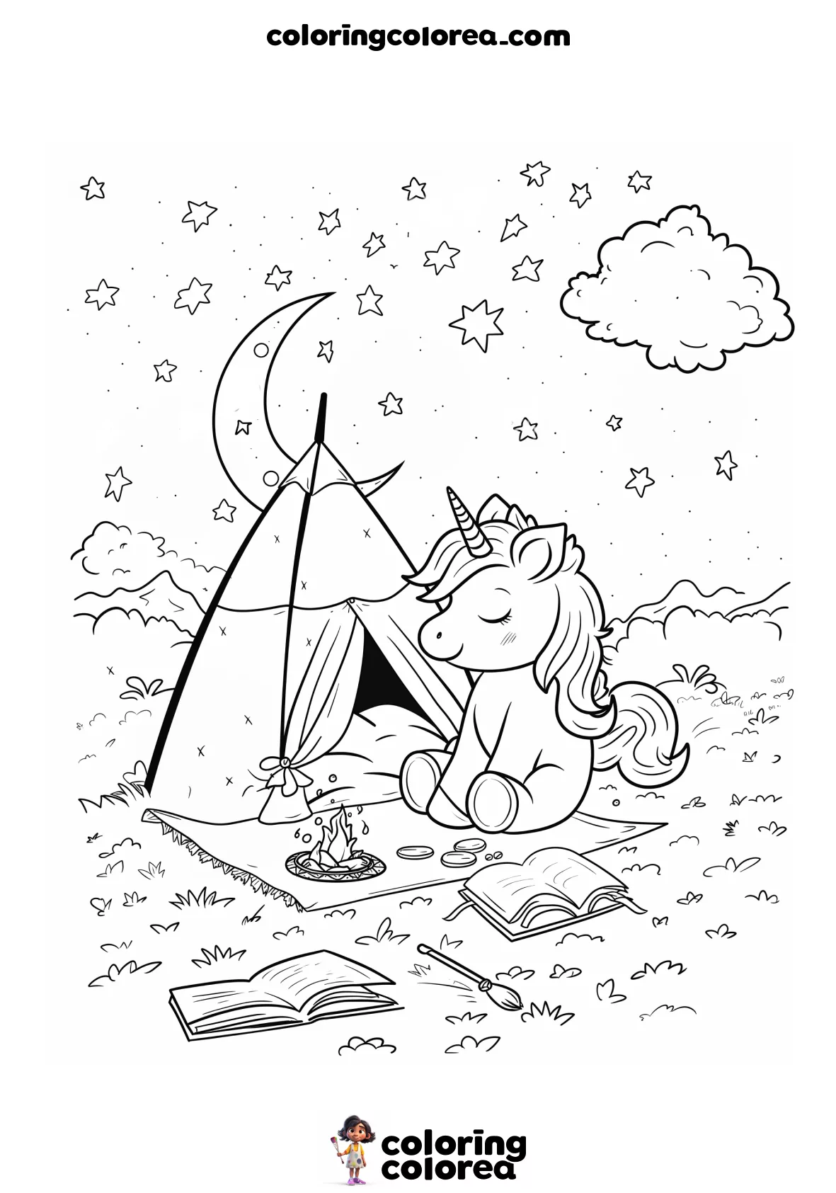 Dibujo para colorear de un unicornio en una tienda de campaña por la noche