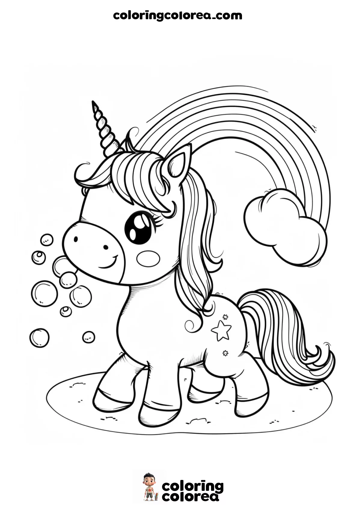 Dibujo para colorear gratis de un unicornio con un arco iris de fondo