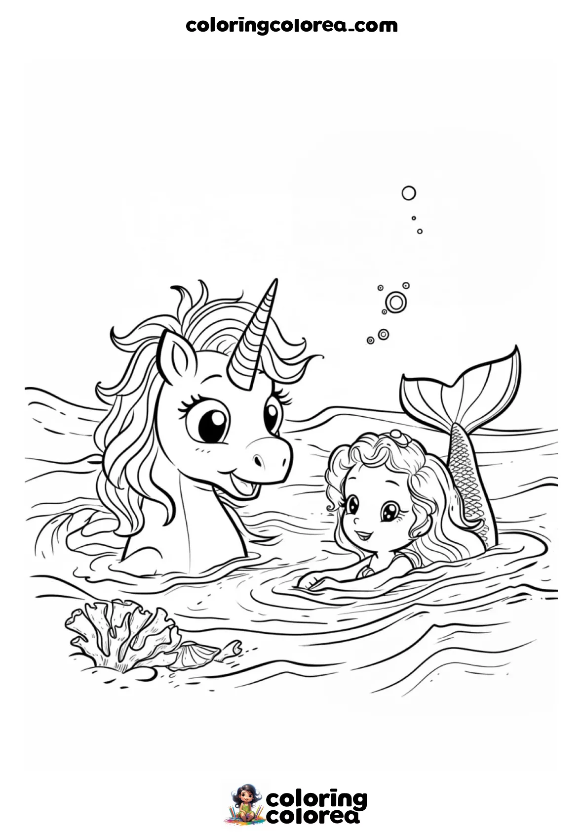 Dibujo para colorear de un unicornio y una sirena nadando juntos