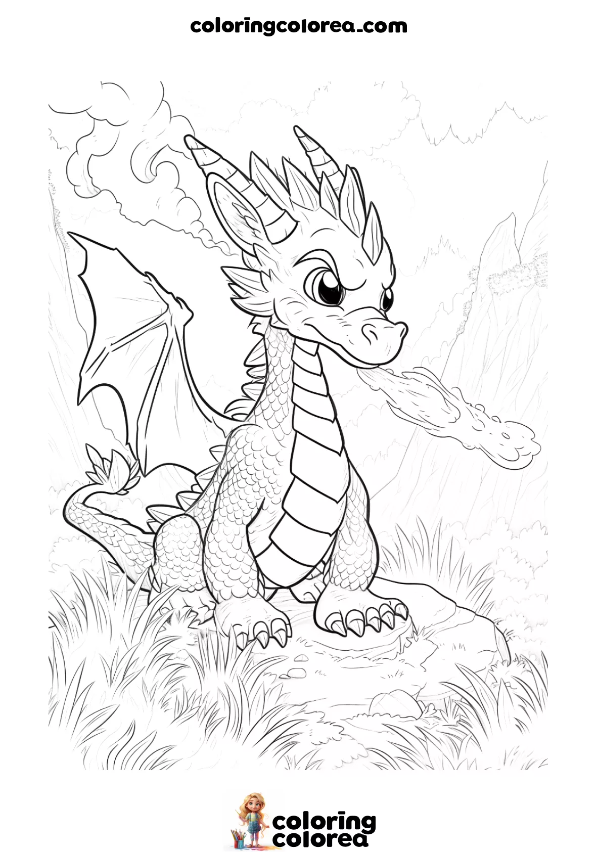 Dibujo para colorear de un joven dragon escupiendo fuego