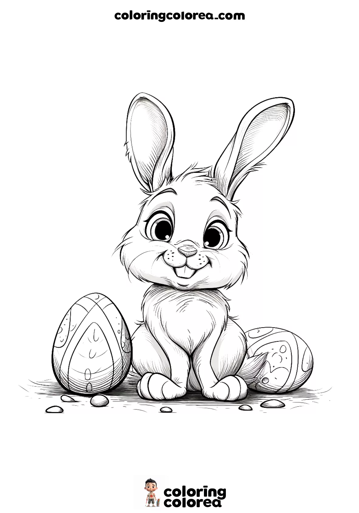 Dibujo para colorear gratis de un conejo con sus huevos de PascuaDibujo para colorear gratis de un conejo con sus huevos de Pascua