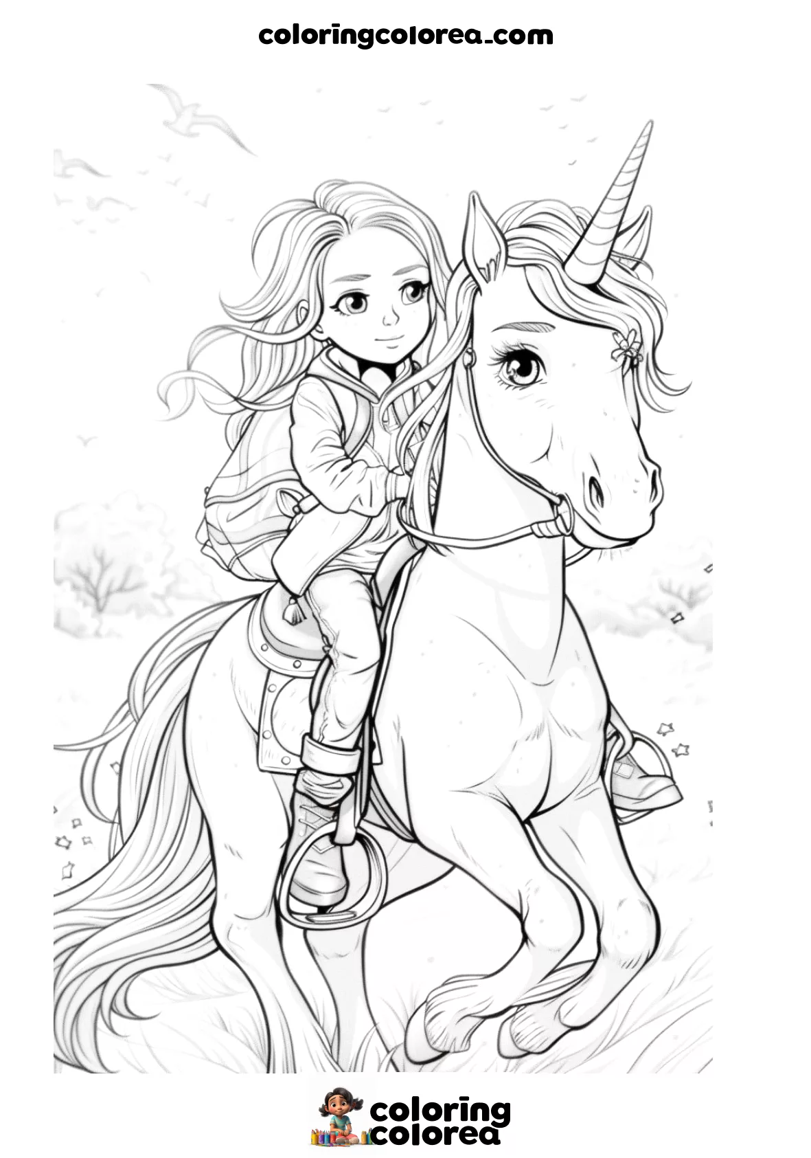 Dibujo para colorear gratis de una chica a galope de un unicornio