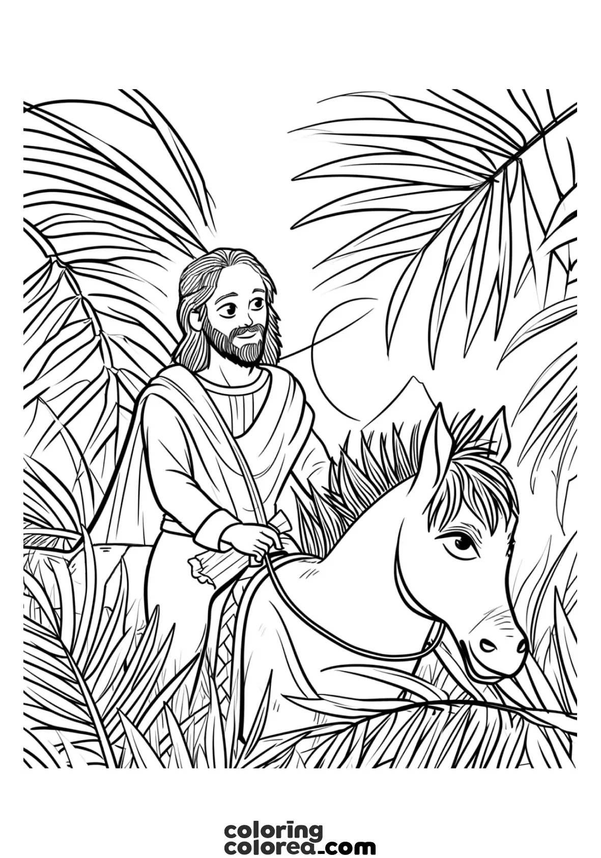 Dibujo para colorear de Jesús en Domingo de Ramos entrando en Jerusalén