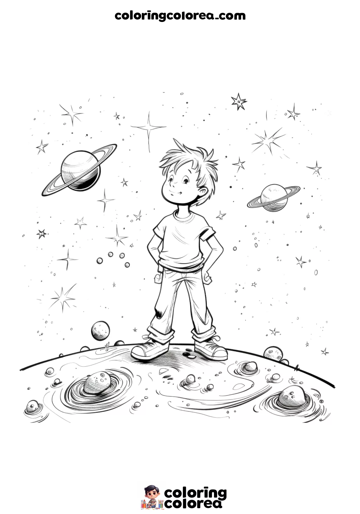 Dibujo para colorear de un niño en el espacio. La imagen recuerda al libro El principito