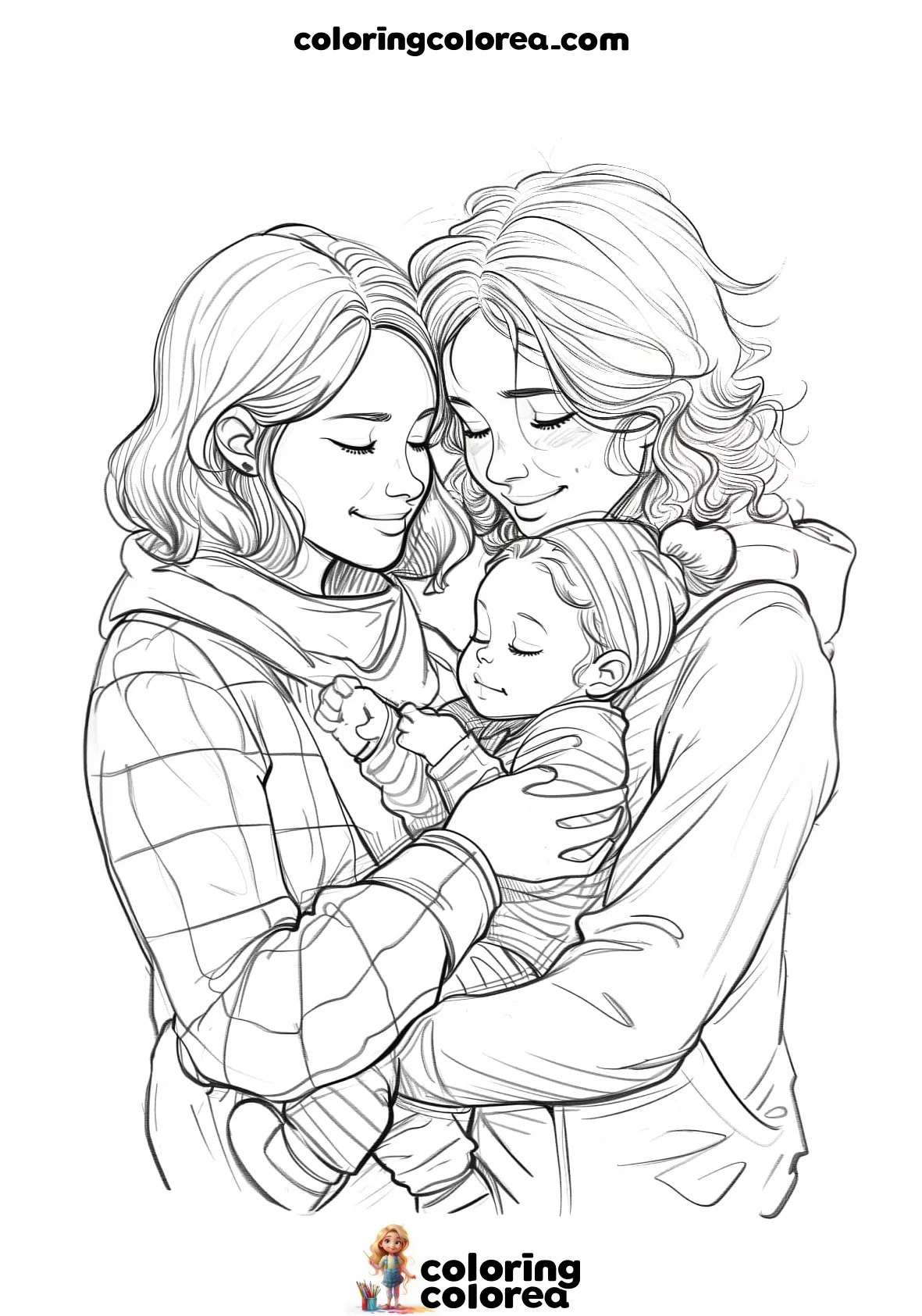 Dibujo para colorear de una familia compuesta por un bebé y 2 madres