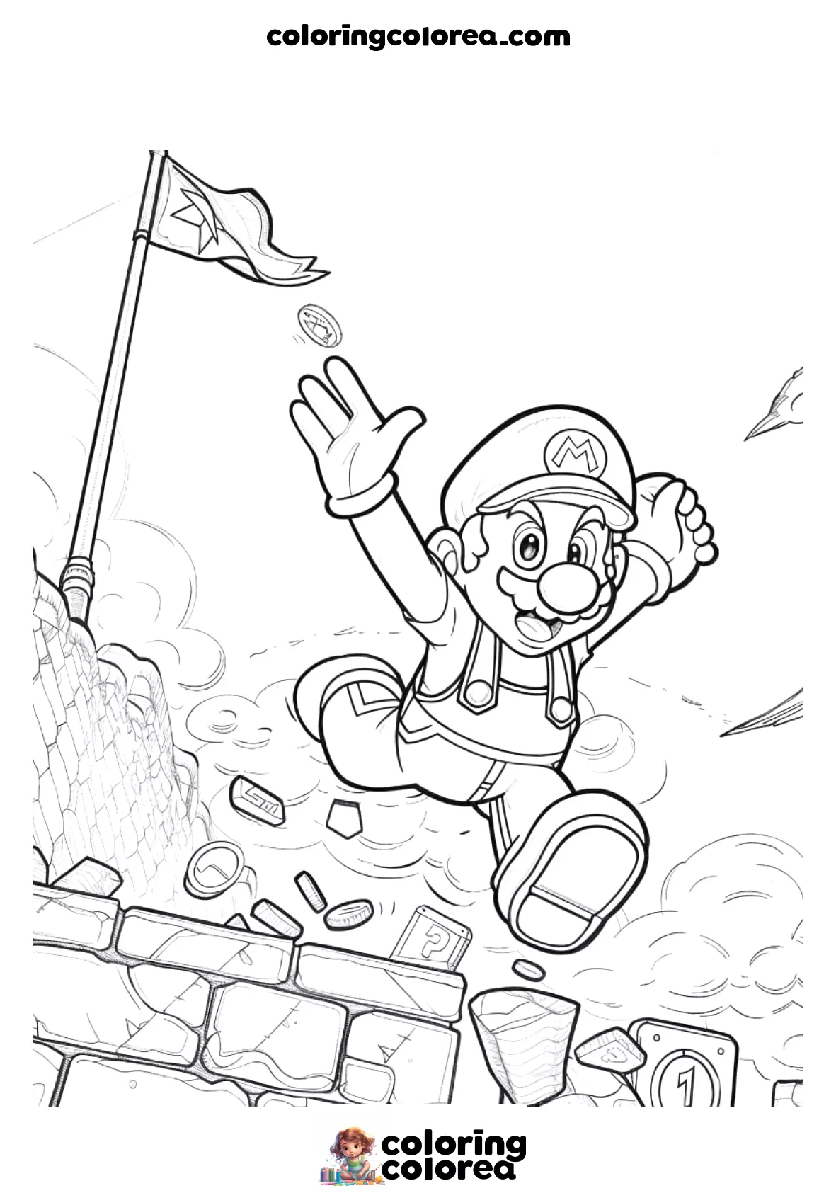 Dibujo para colorear de SuperMario en acción