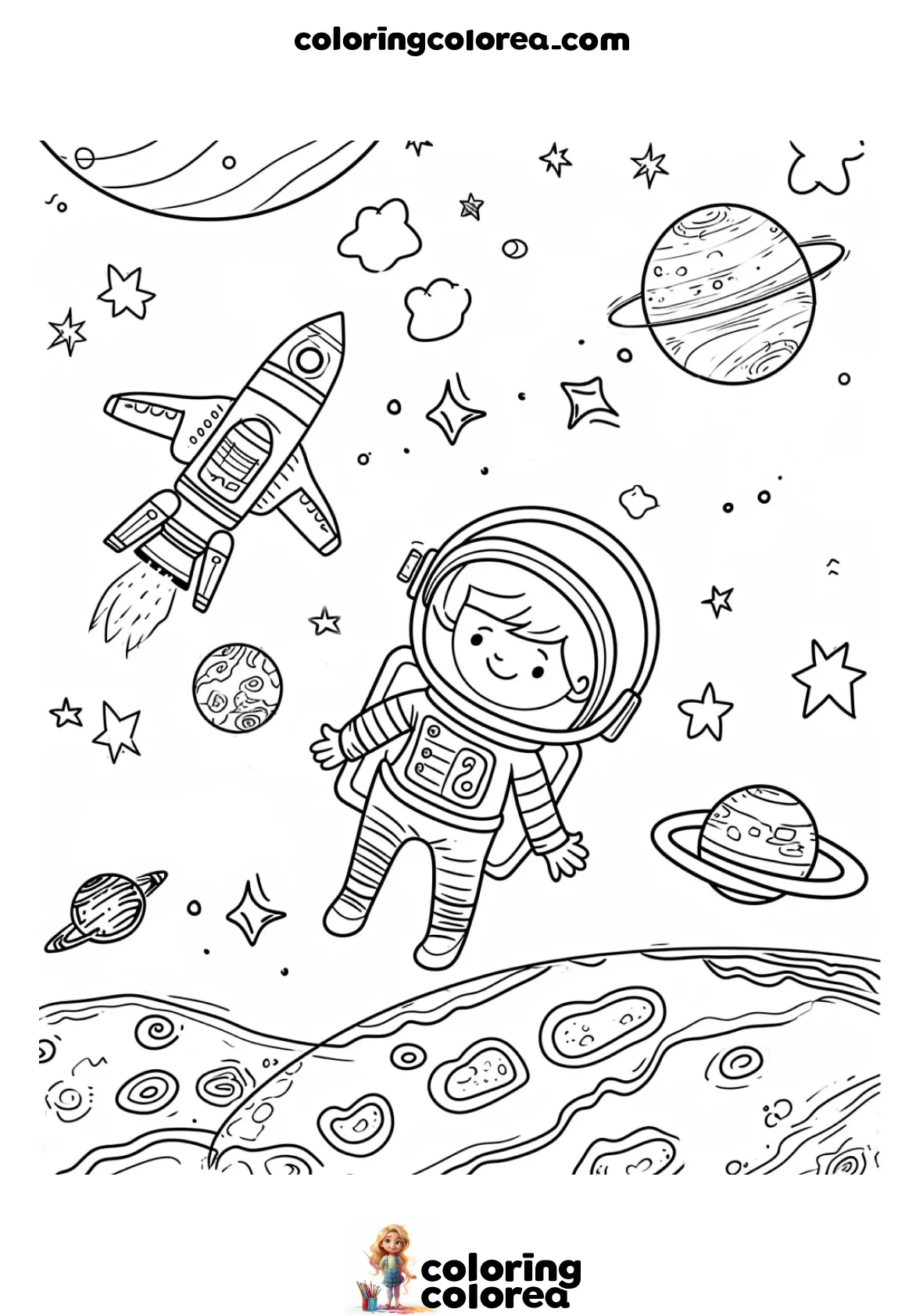 Dibujo para colorear gratis de un astronauta haciendo un paseo espacial